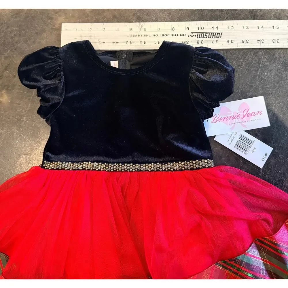 Bonnie Jean Red Velvet & Plaid Tiered Holiday Dress Girls New Christmas Size 5